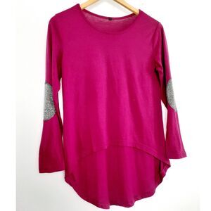 Silver Sequin Elbow Patch Fuchsia Hi-Low Hem Long Sleeve Top Size Medium